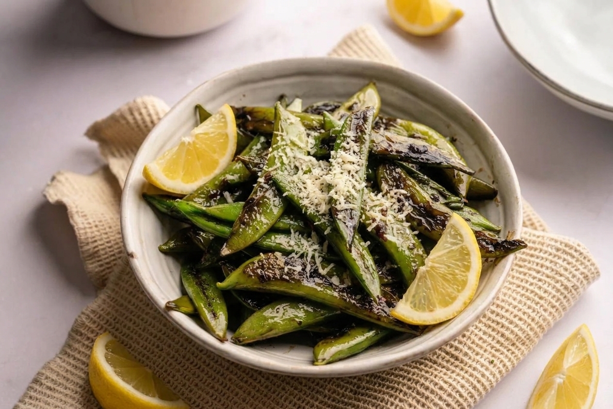 A serving bowl of finished garlic butter sugar snap peas topped with a little grated Parmesan and served with lemon wedges on a simple dinner table