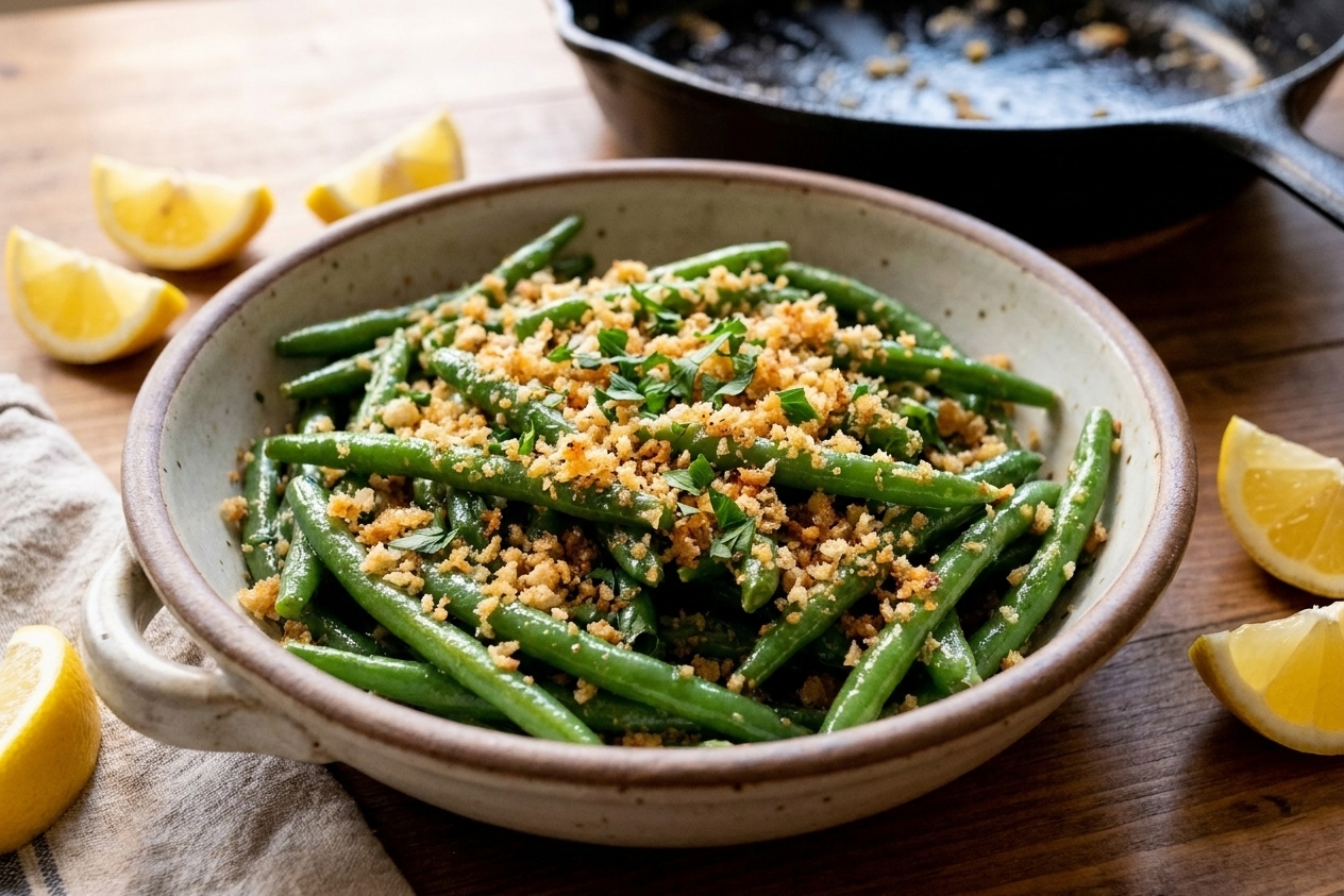 A serving bowl of garlicky butter green beans topped with parsley and toasted breadcrumbs, with lemon wedges on a simple dinner table
