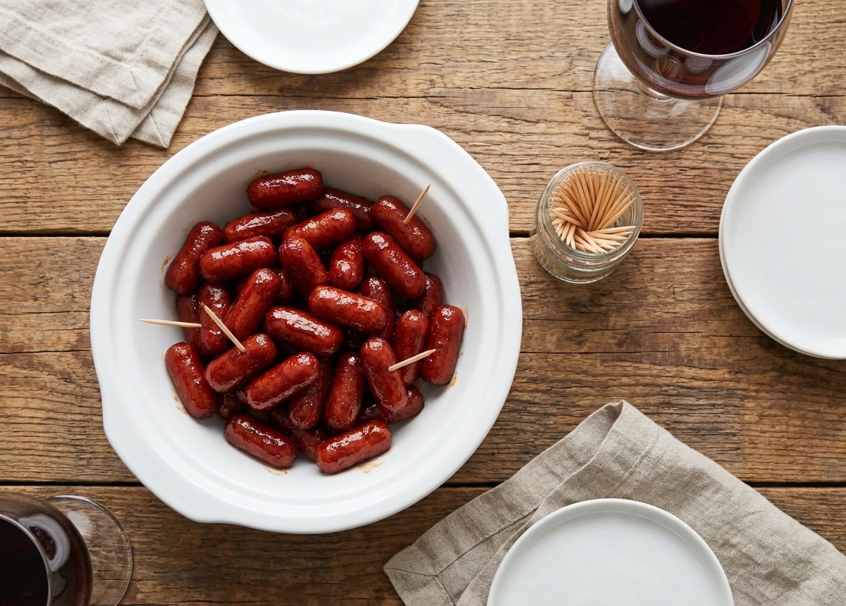A serving bowl of glazed cocktail sausages with toothpicks beside it on a wooden table set for a casual gathering