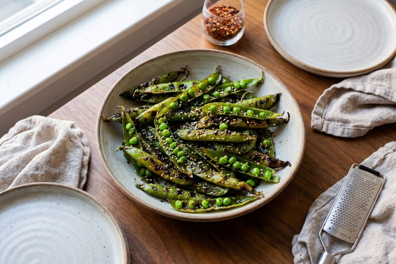 A serving bowl of glossy blistered sugar snap peas garnished with sesame seeds on a simple dinner table setting with plates and linen napkins