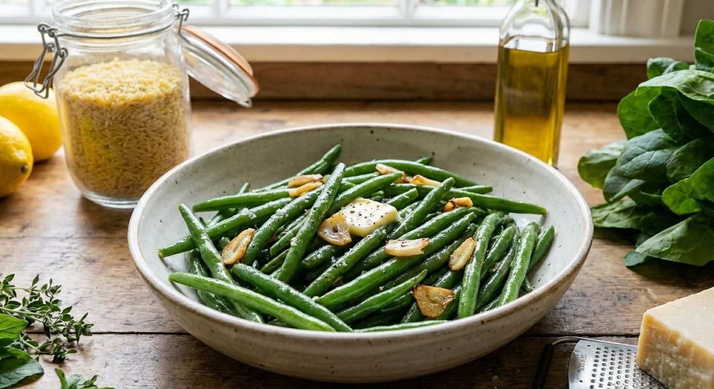 A serving bowl of glossy garlic butter green beans