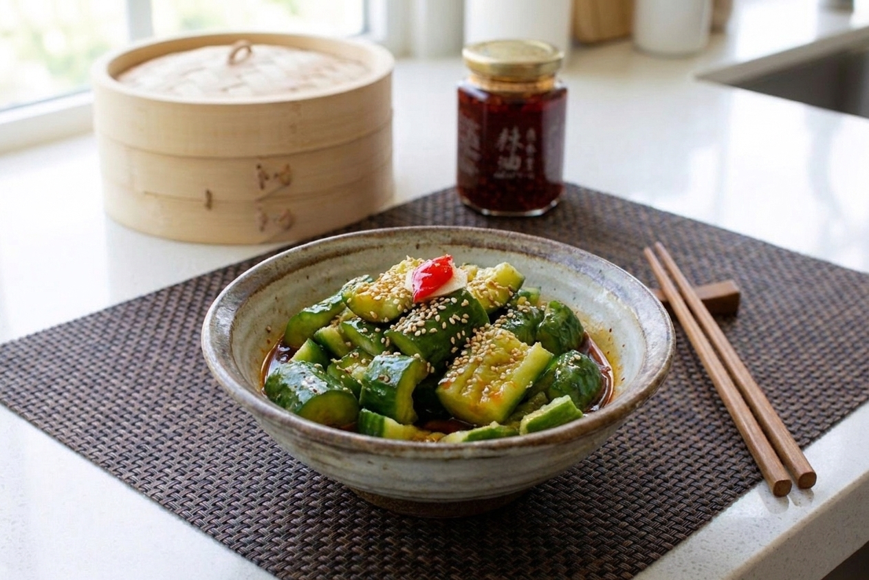 A serving bowl of glossy smashed cucumber salad with sesame seeds and a light drizzle of chili oil set on a simple dinner table with chopsticks