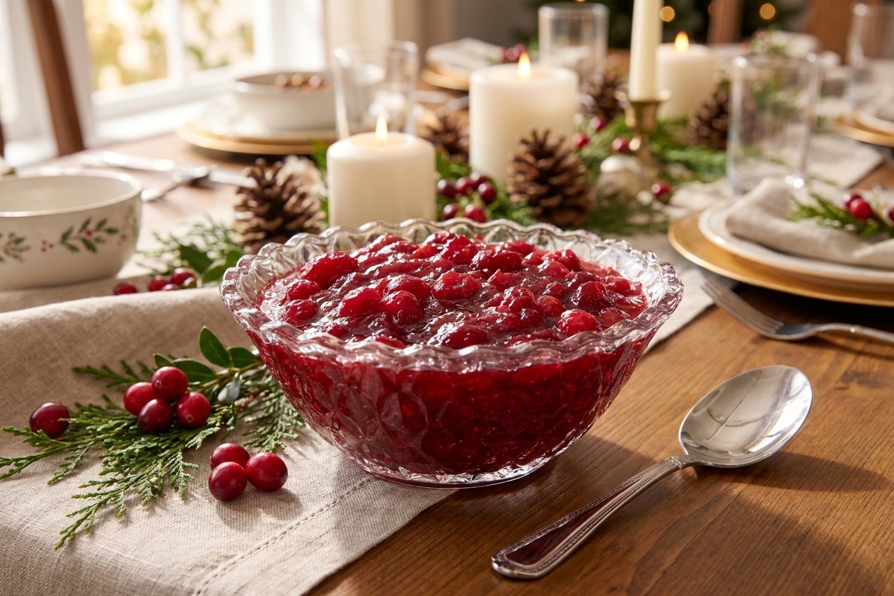 A serving bowl of homemade cranberry sauce on a holiday table setting with a spoon beside it
