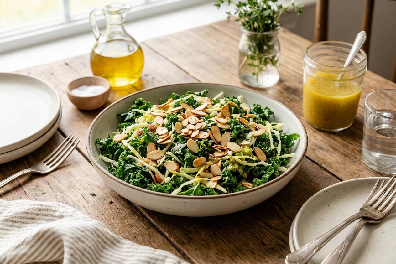 A serving bowl of kale and cabbage salad topped with toasted almonds, ready to serve on a dining table with simple place settings
