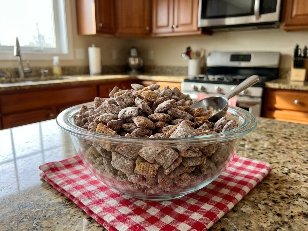 A serving bowl of muddy buddy snack mix on a simple table setting with a small scoop, warm natural light