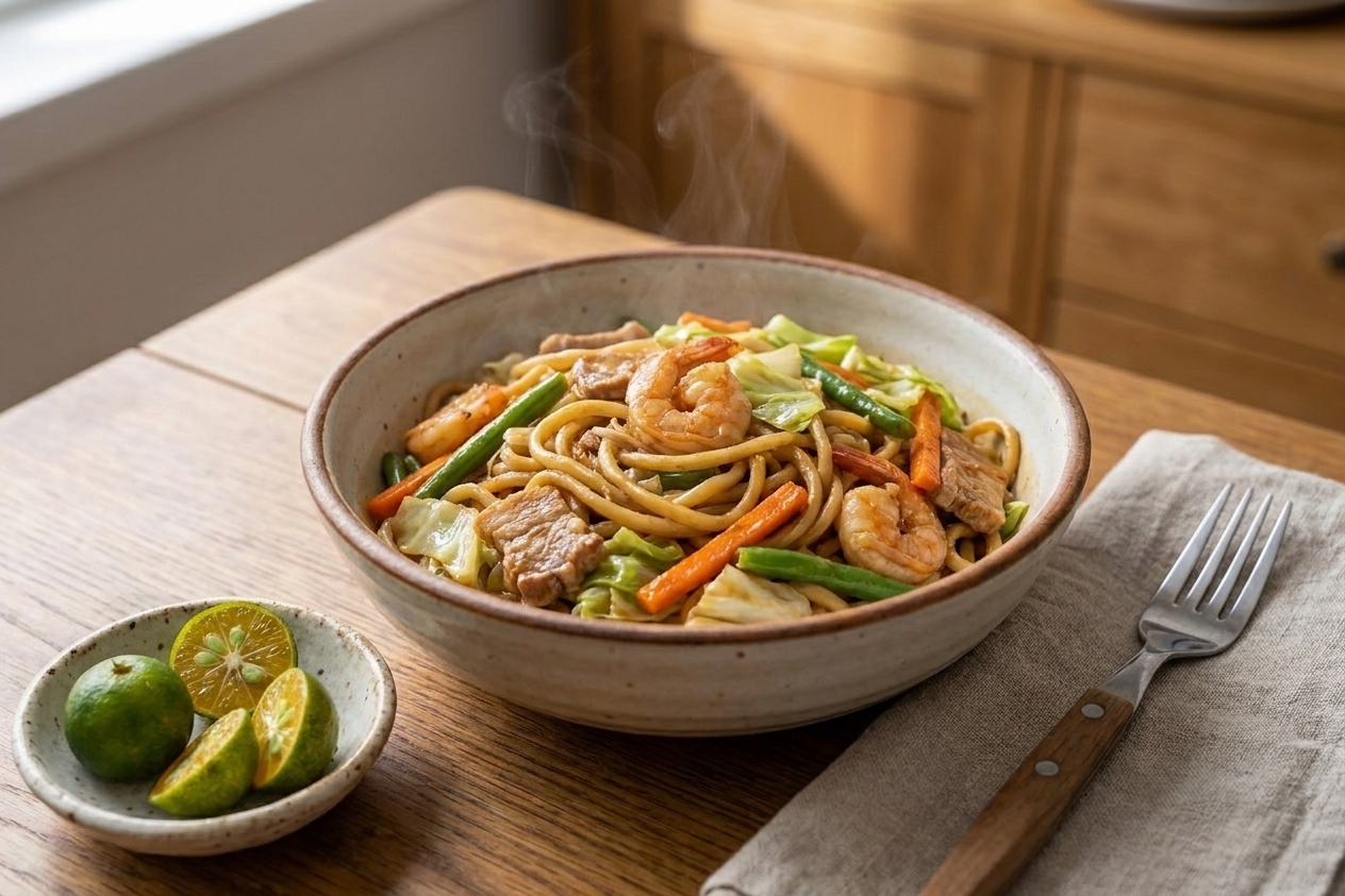 A serving bowl of pancit canton on a dinner table with lemon or calamansi wedges on the side and a fork resting nearby