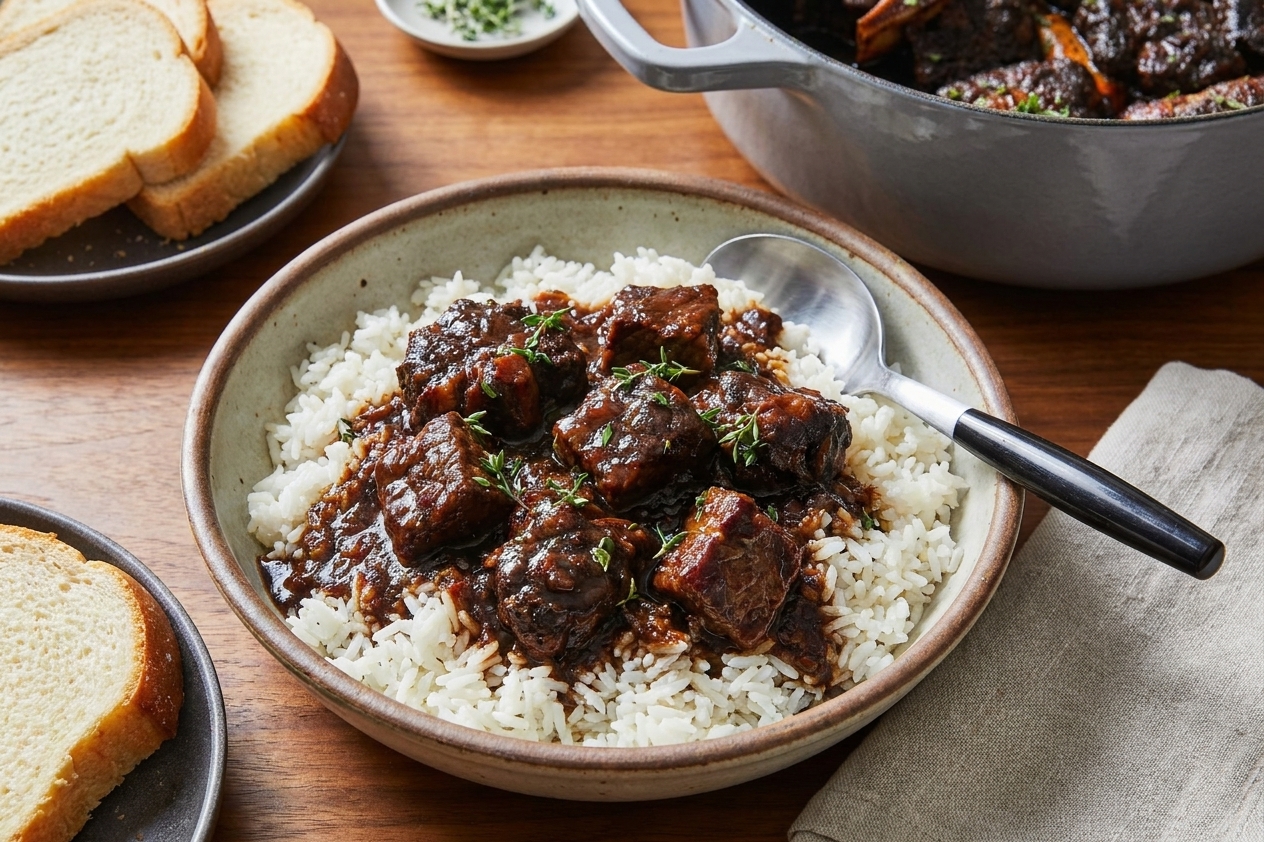 A serving bowl of pepperpot spooned over white rice with glossy dark sauce and tender beef on a dinner table
