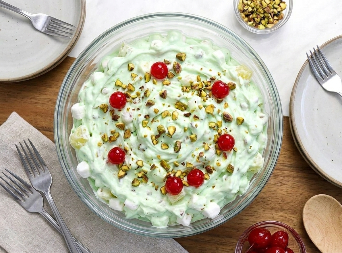 A serving bowl of pistachio salad topped with chopped pistachios and a few maraschino cherries on a dining table with plates nearby