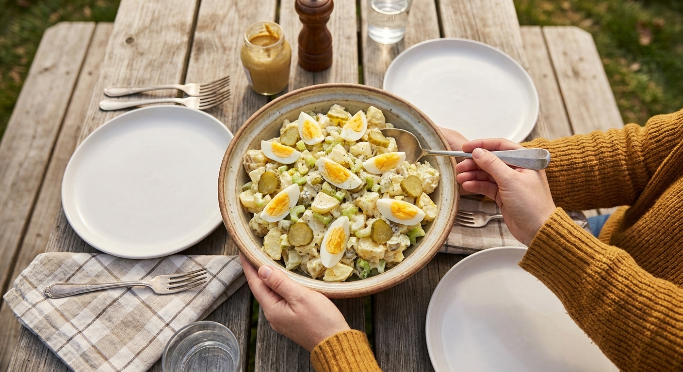 A serving bowl of potato salad with egg on a simple picnic-style table setting with plates and forks in soft daylight
