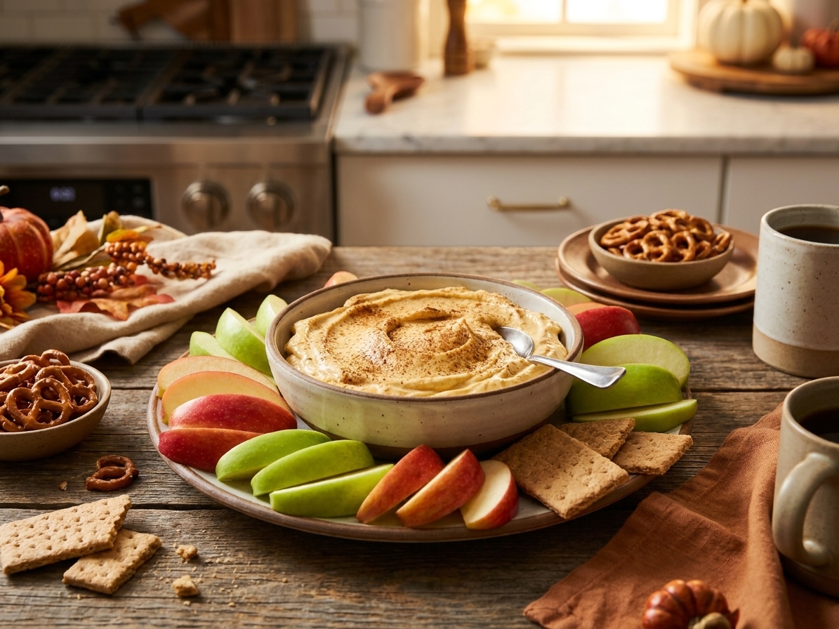 A serving bowl of pumpkin dip on a wooden table surrounded by sliced apples, pretzels, and graham crackers in a cozy kitchen setting
