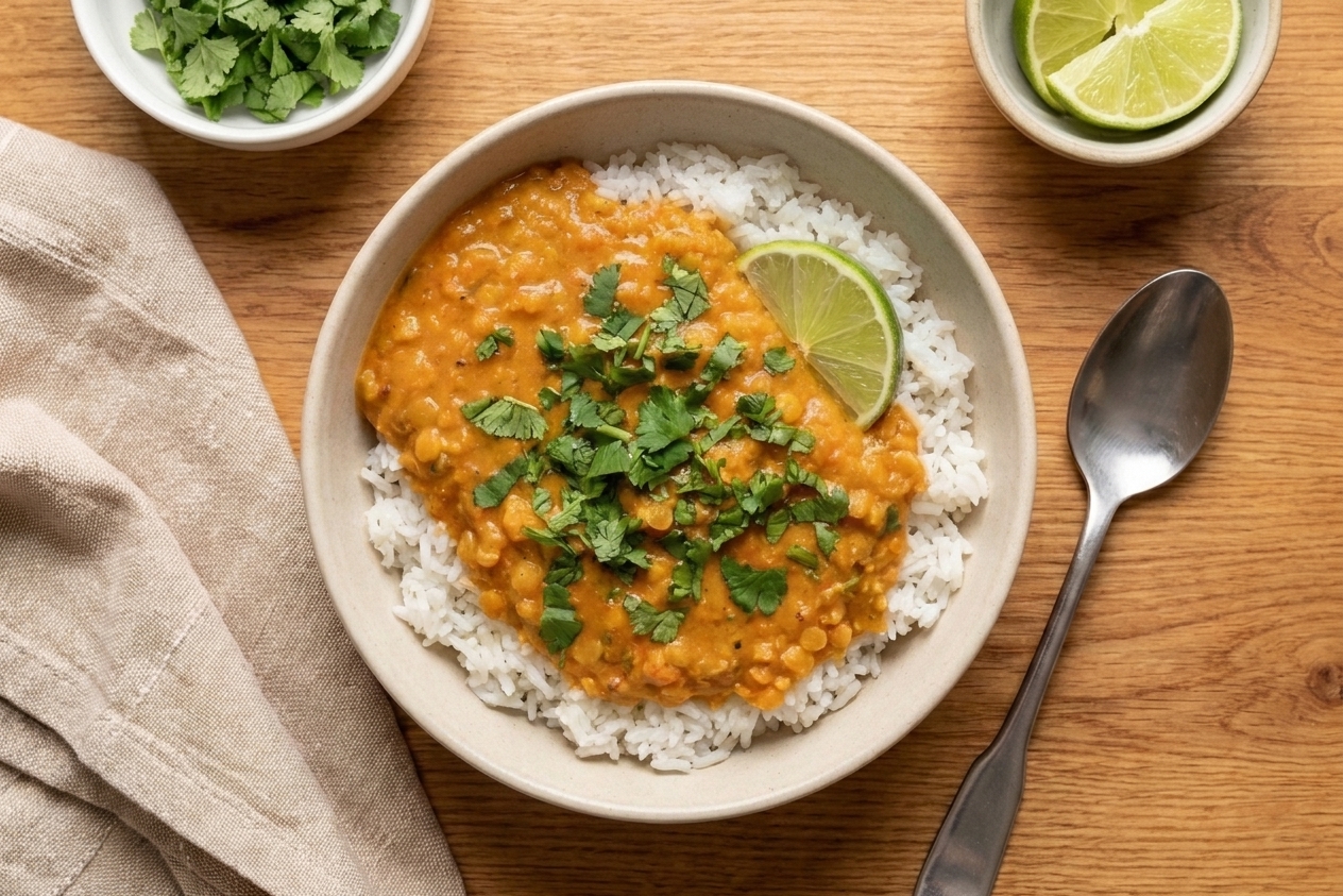 A serving bowl of red lentil coconut curry spooned over white rice, topped with cilantro on a warm kitchen table setting