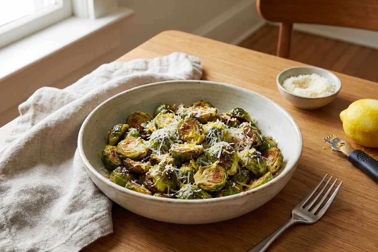 A serving bowl of roasted Brussels sprouts topped with grated Parmesan and lemon zest on a dinner table