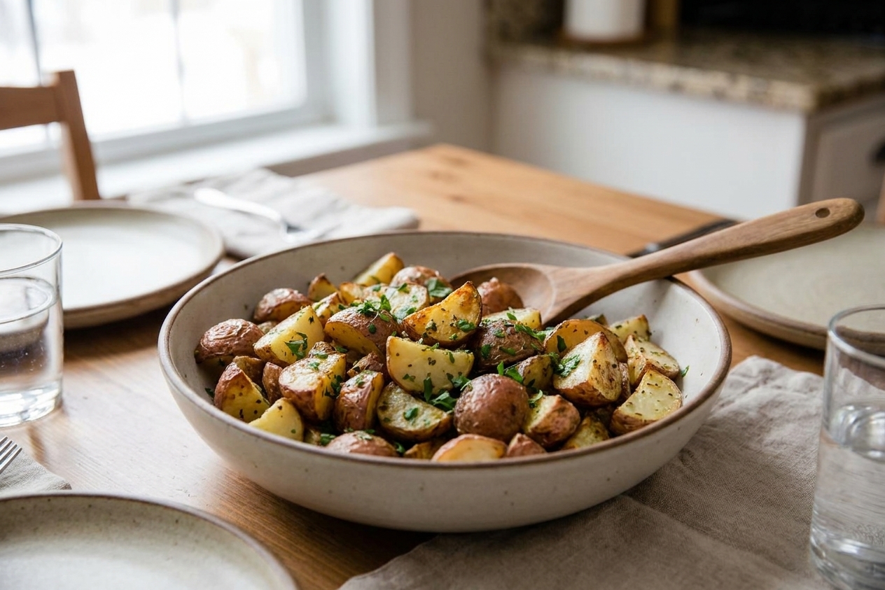 A serving bowl of roasted red potatoes with crisp golden edges, sprinkled with chopped parsley on a simple dinner table setting
