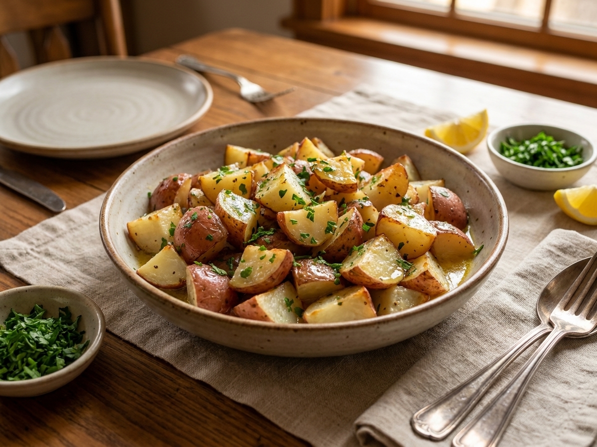 A serving bowl of roasted scarlet potatoes tossed with lemon butter and sprinkled with parsley on a simple dinner table setting