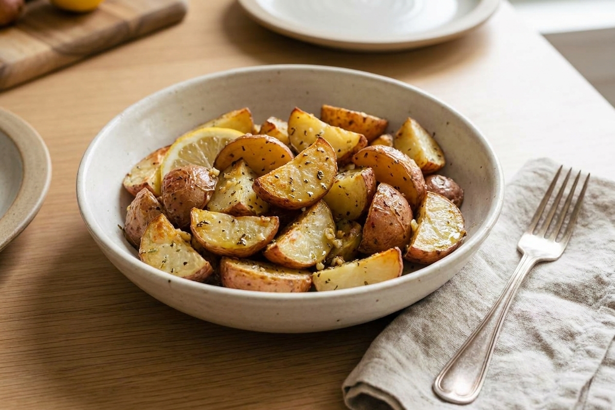 A serving bowl of roasted scarlet potatoes tossed with lemon, garlic, and parsley on a simple dinner table setting with a fork and napkin