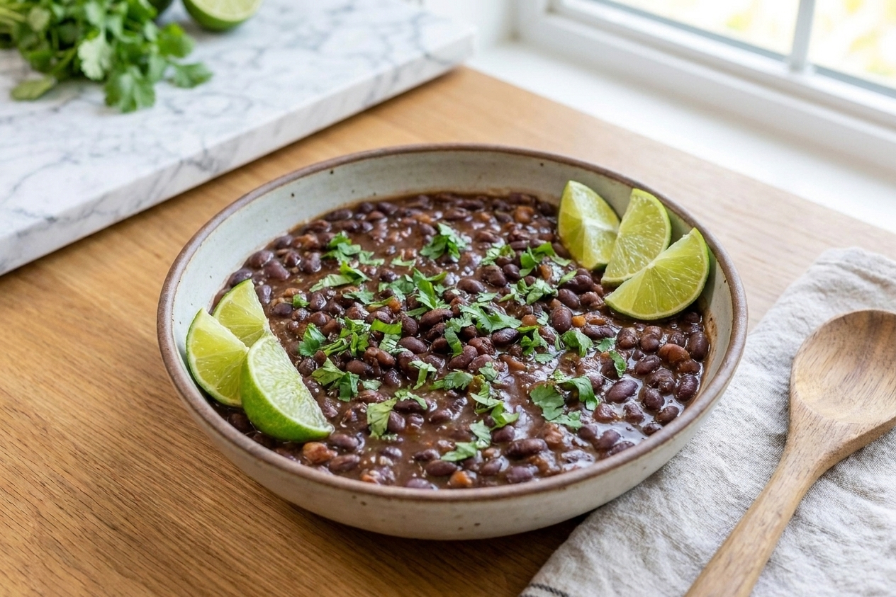 A serving bowl of saucy Mexican black beans garnished with cilantro, with lime wedges on a simple table setting