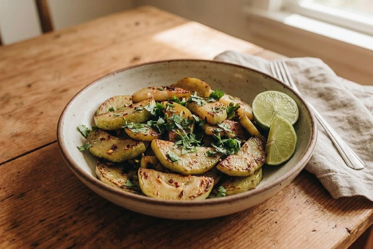 A serving bowl of sautéed chayote finished with chopped cilantro and lime wedges on a simple dinner table setting