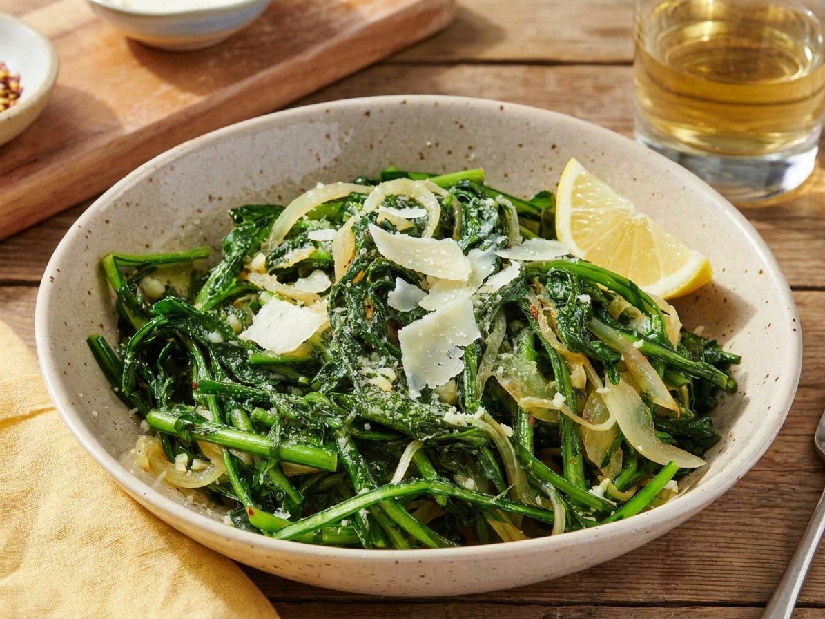 A serving bowl of sautéed dandelion greens topped with shaved Parmesan with a lemon wedge on the side on a dinner table