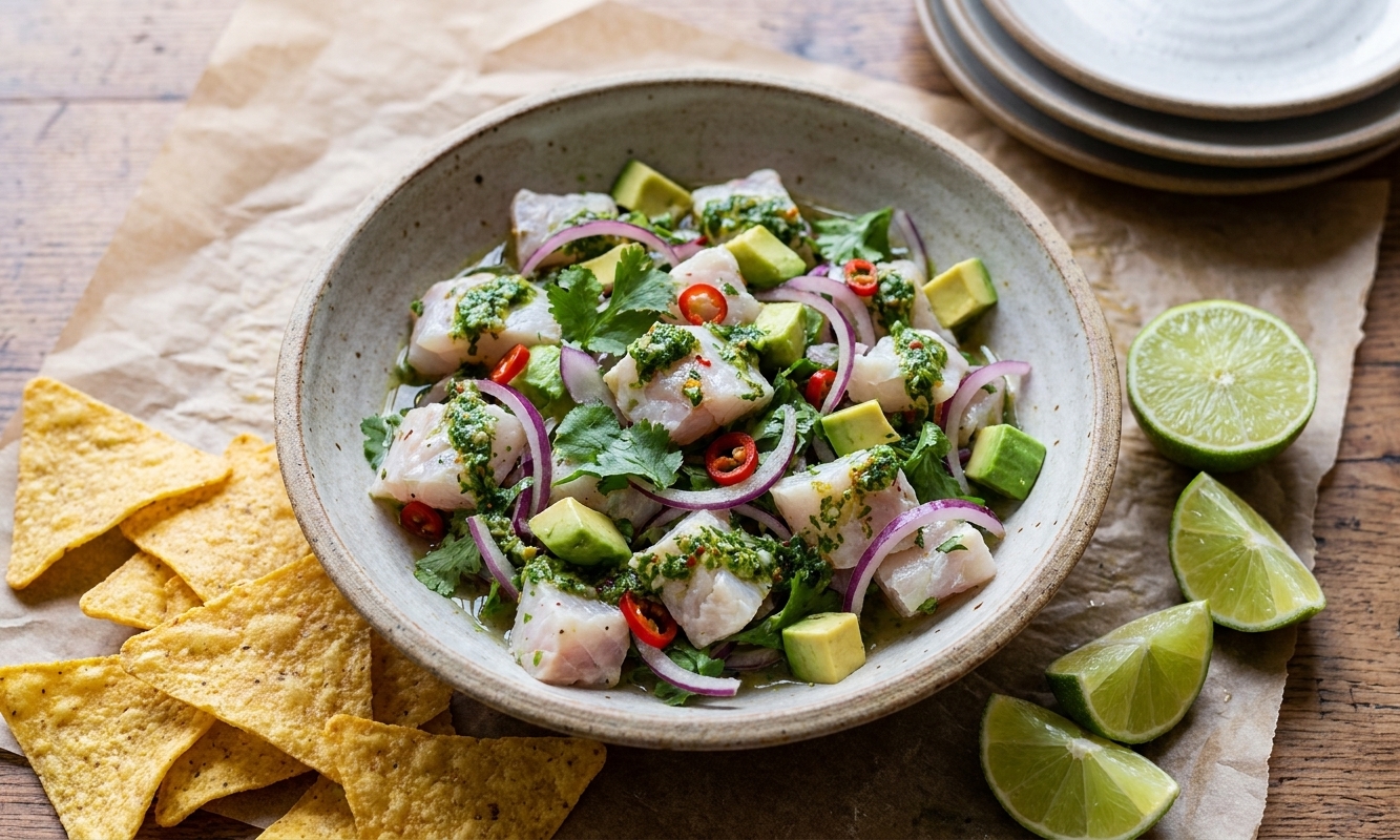 A serving bowl of sea bass ceviche on a table with tortilla chips, lime wedges, and a small stack of plates in the background