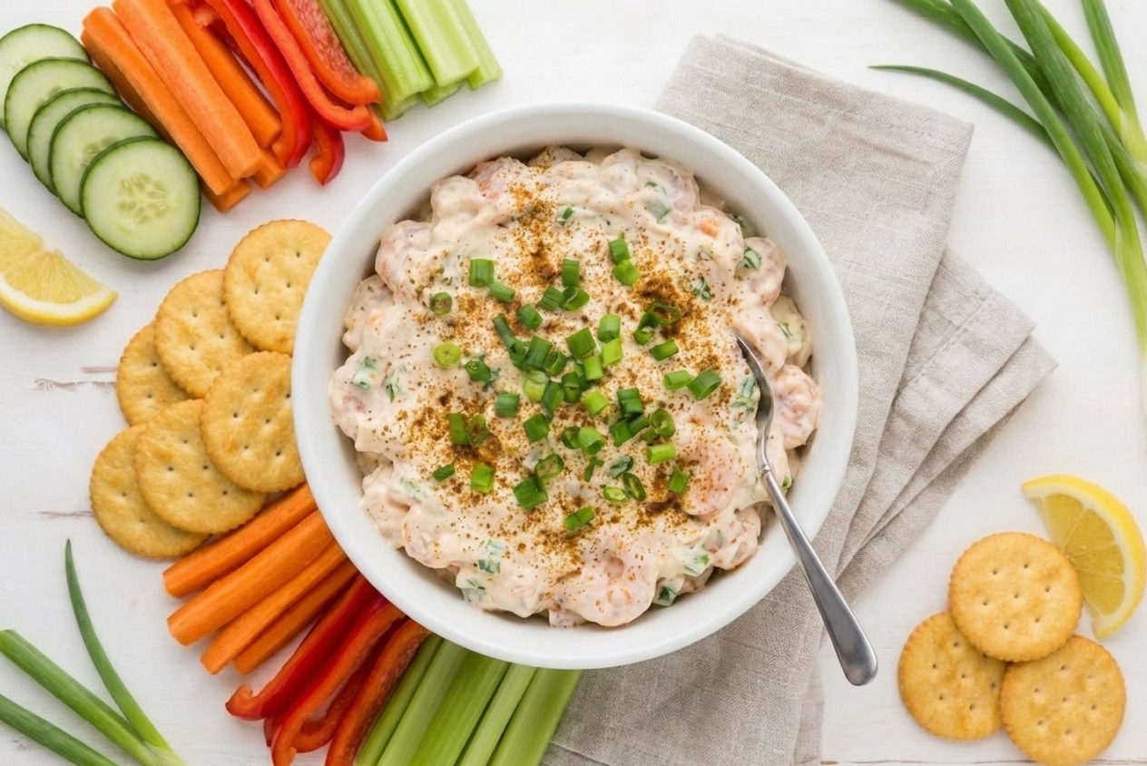 A serving bowl of shrimp dip surrounded by crackers and sliced vegetables on a simple table setting