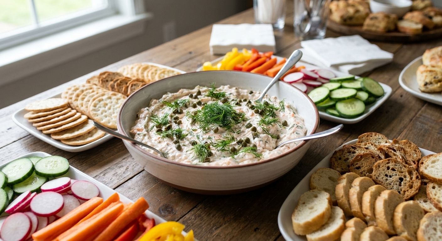 A serving bowl of smoked salmon dip garnished with dill and capers, surrounded by crackers and sliced vegetables on a party table, natural light