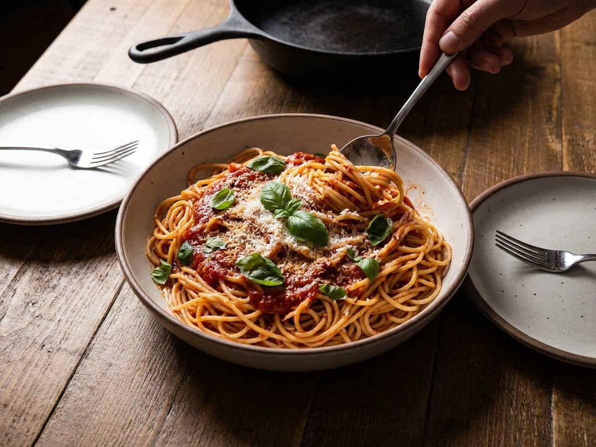 A serving bowl of spaghetti pomodoro with fresh basil and grated Parmesan on a wooden table, with plates and forks set for dinner