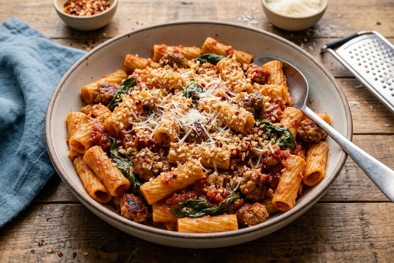 A serving bowl of spicy tomato pasta topped with toasted breadcrumbs and grated Parmesan on a wooden table