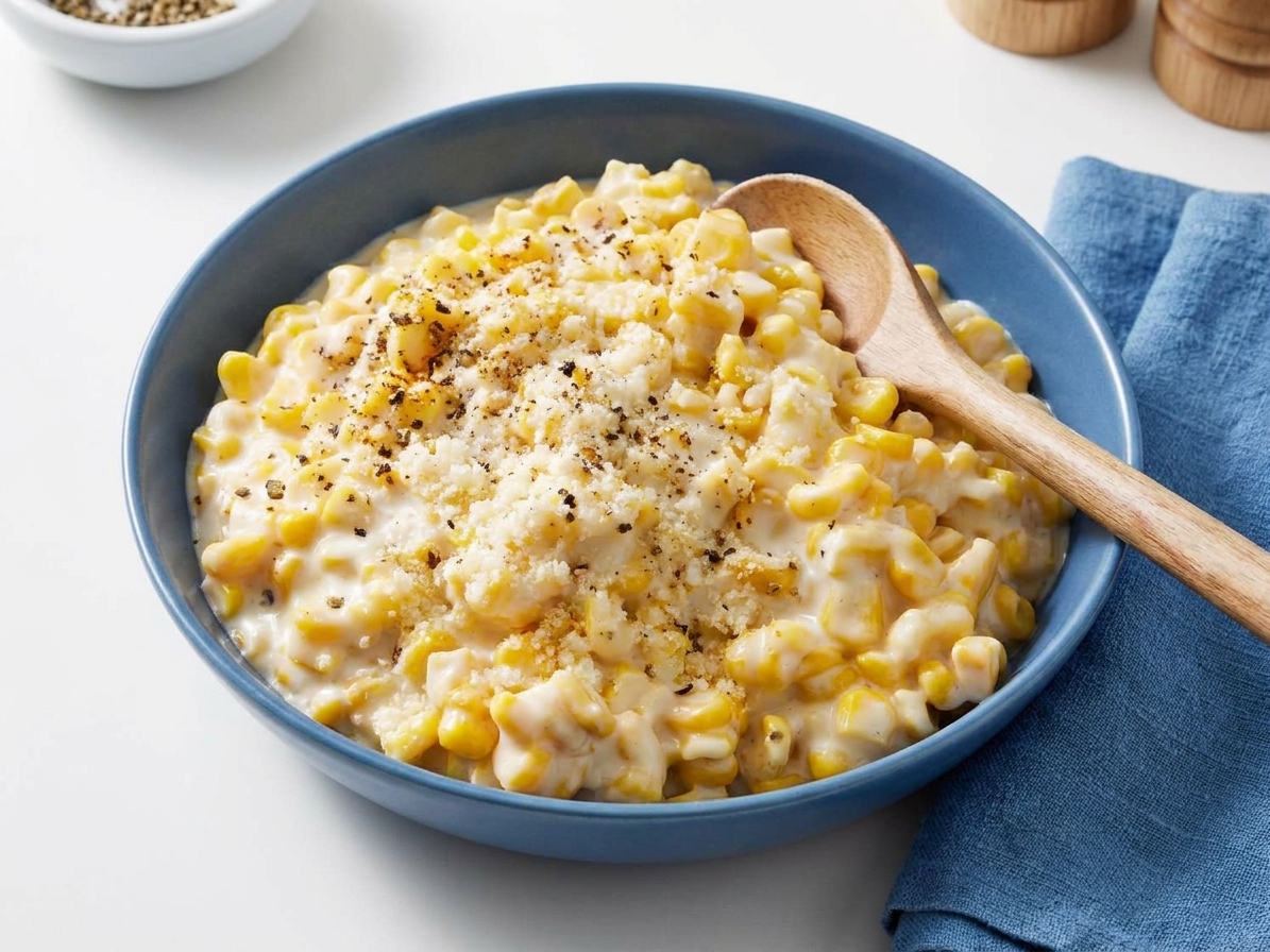 A serving bowl of warm cream-style corn on a simple table setting with a serving spoon and folded napkin