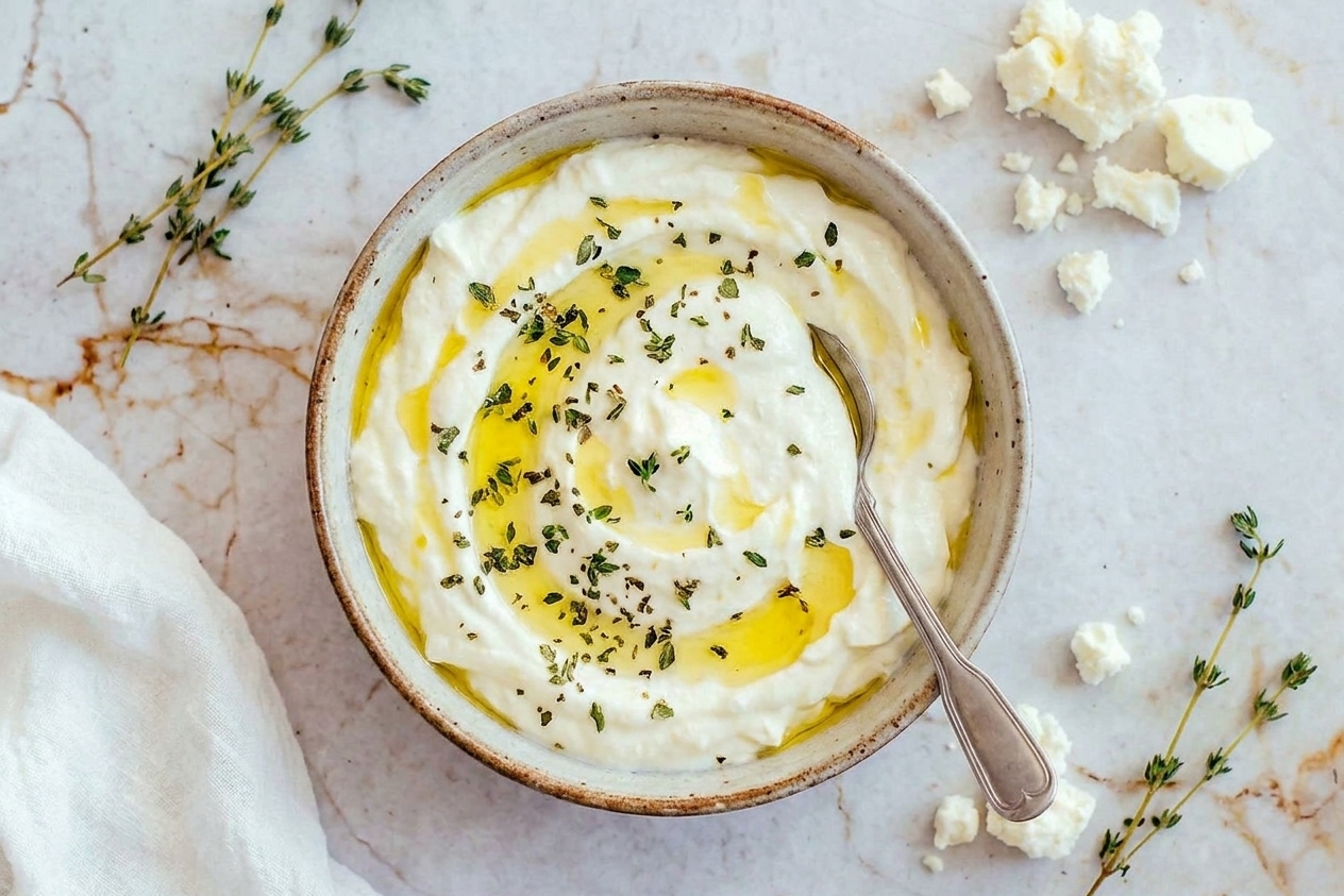 A serving bowl of whipped feta dip finished with a drizzle of olive oil and chopped herbs, ready to serve
