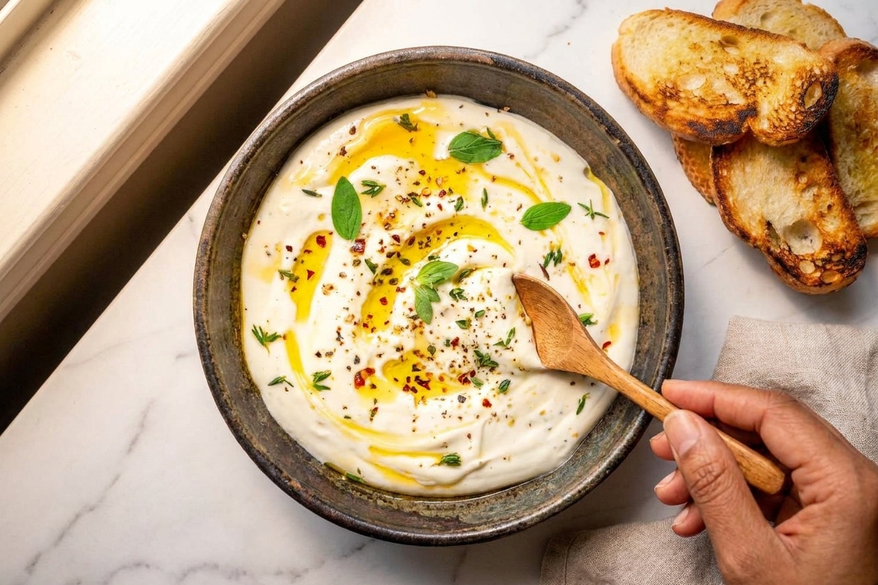 A serving bowl of whipped feta swirled and topped with olive oil and chopped herbs on a simple table setting