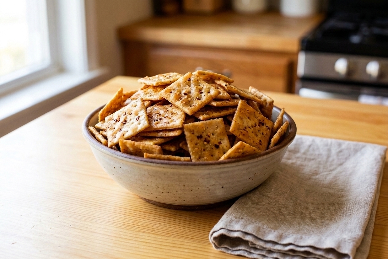 A serving bowl piled with sweet and spicy firecracker seasoned crackers on a simple table setting with a neutral linen napkin