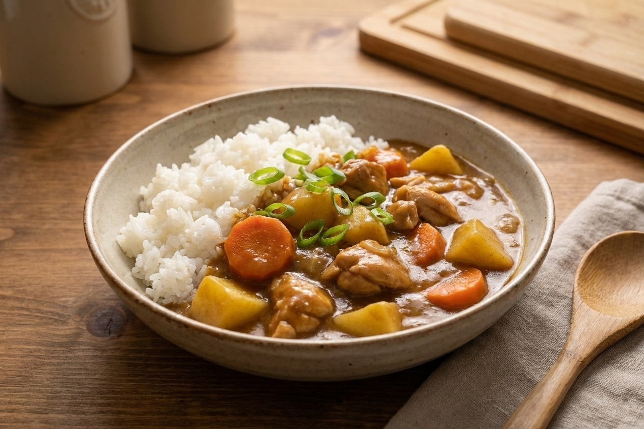 A serving bowl with steamed white rice topped with glossy Japanese style curry, chicken pieces, carrots, and potatoes, garnished with sliced scallions on a simple table setting