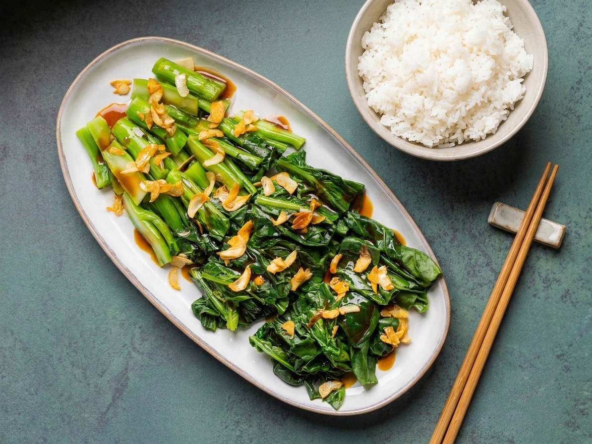 A serving dish of finished gai lan coated in glossy garlic oyster sauce on a dinner table with chopsticks and a simple bowl of rice nearby