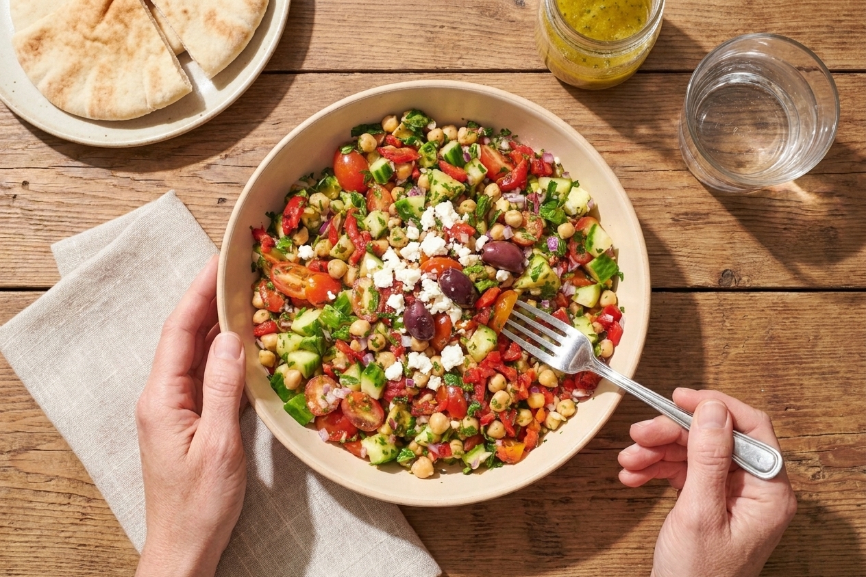 A serving of Mediterranean chickpea salad in a shallow bowl topped with feta and olives on a simple dinner table setting