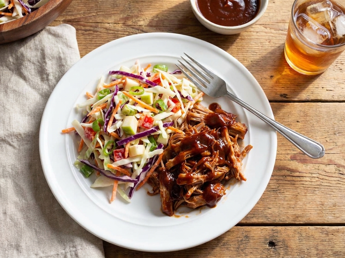 A serving of apple slaw plated next to barbecue on a dinner plate on a wooden table with warm natural light