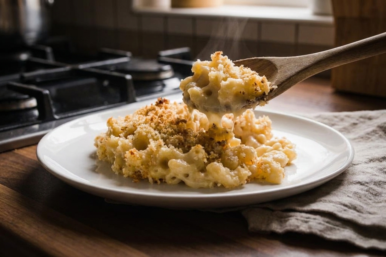 A serving of baked mac and cheese on a white plate with a spoonful lifted showing creamy sauce and toasted panko crumbs