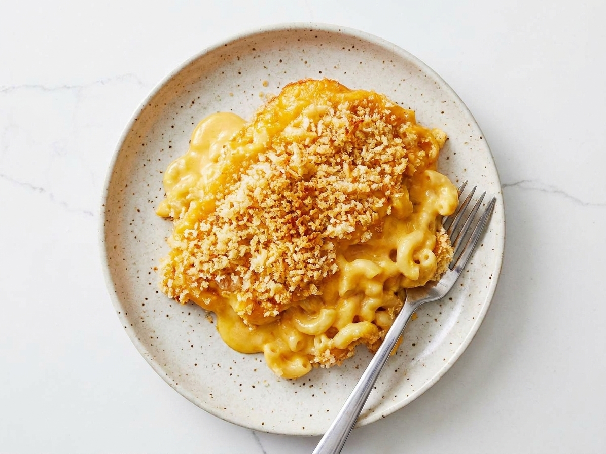 A serving of baked macaroni and cheese on a ceramic plate with a crisp breadcrumb top and creamy noodles visible