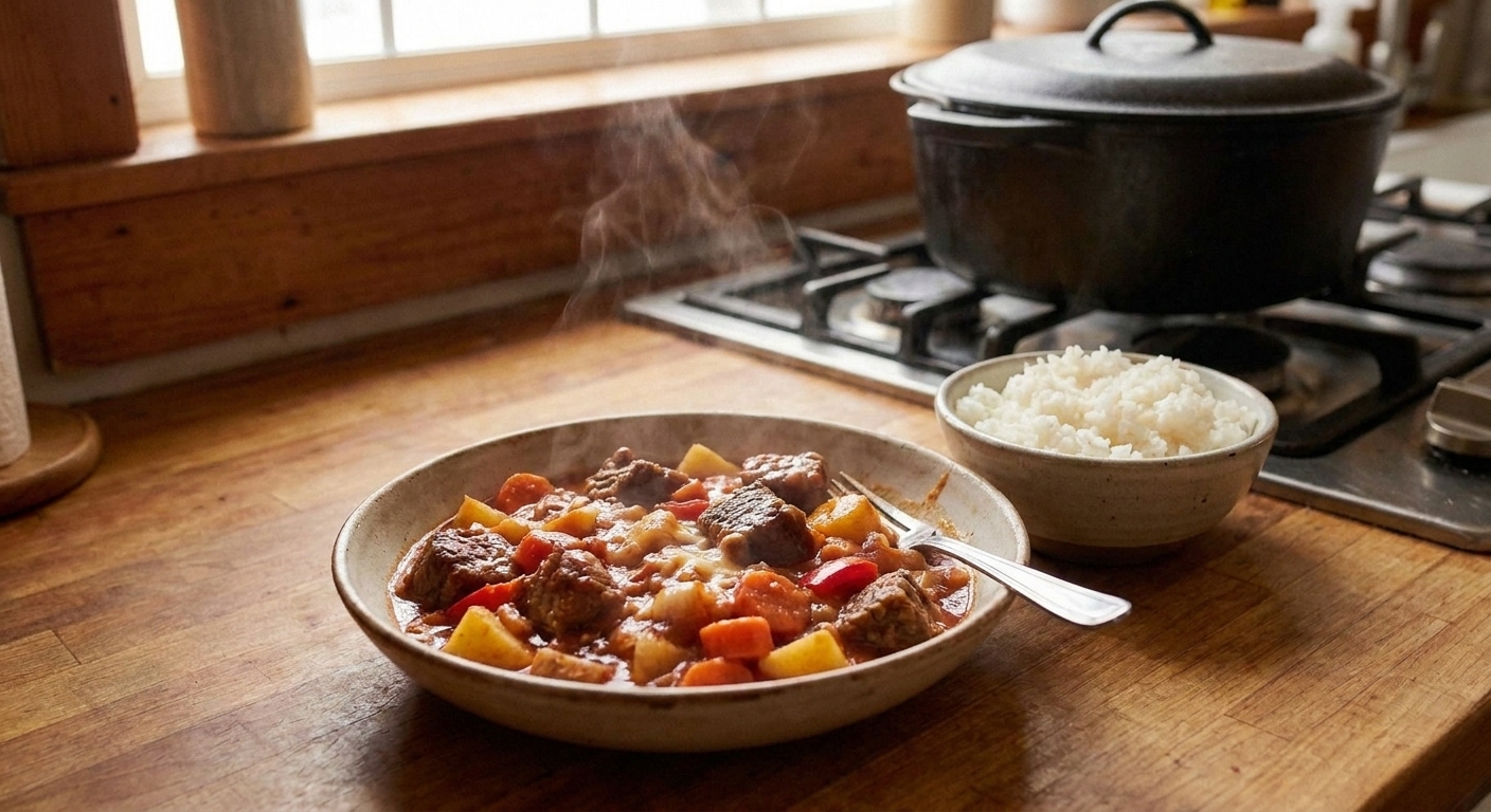 A serving of beef caldereta in a shallow bowl with steamed white rice on the side, showing tender beef, potatoes, carrots, and red bell pepper in a rich tomato sauce