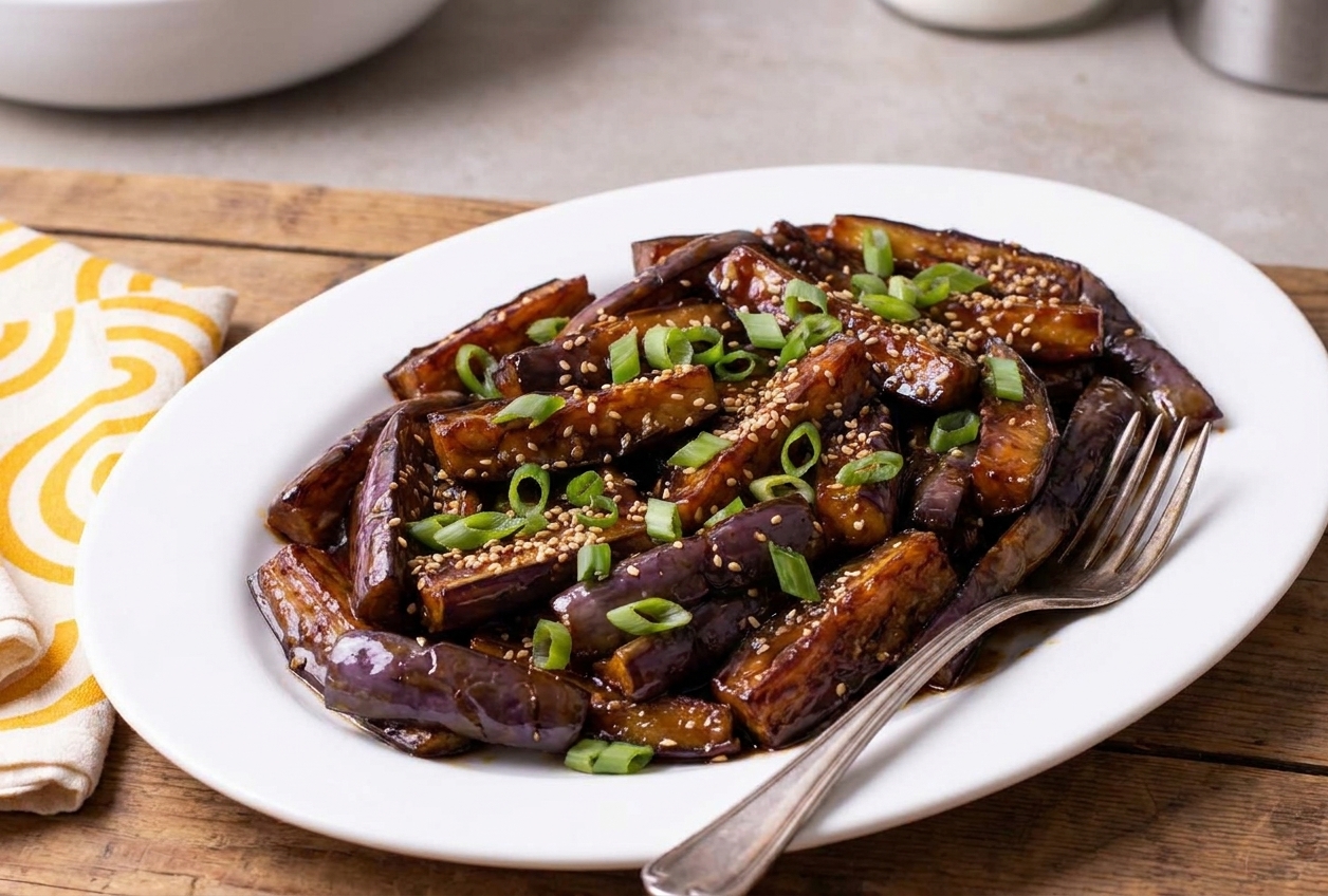 A serving of brinjal Chinese on a plate with glossy sauce, topped with chopped spring onion greens, ready to eat