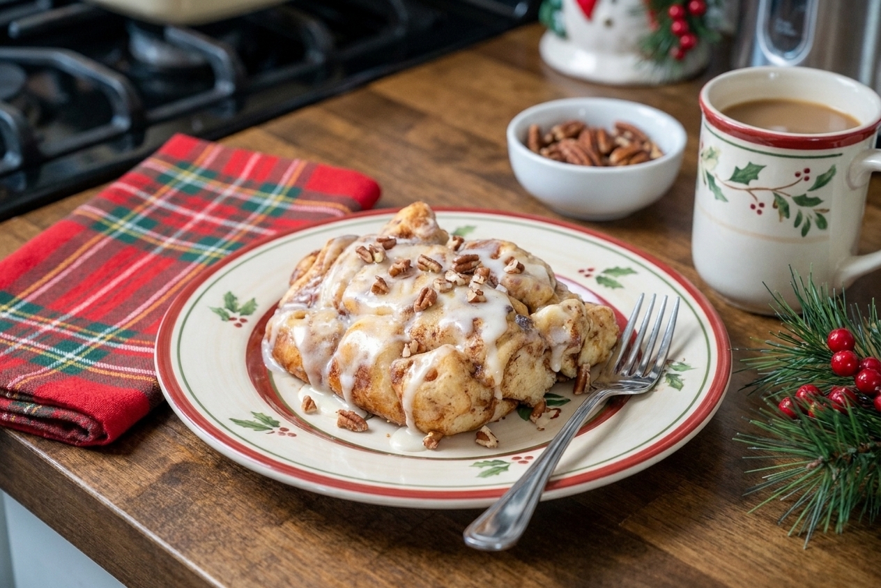 A serving of cinnamon roll casserole on a plate with vanilla icing drizzle and chopped pecans, fork beside it on a holiday breakfast table