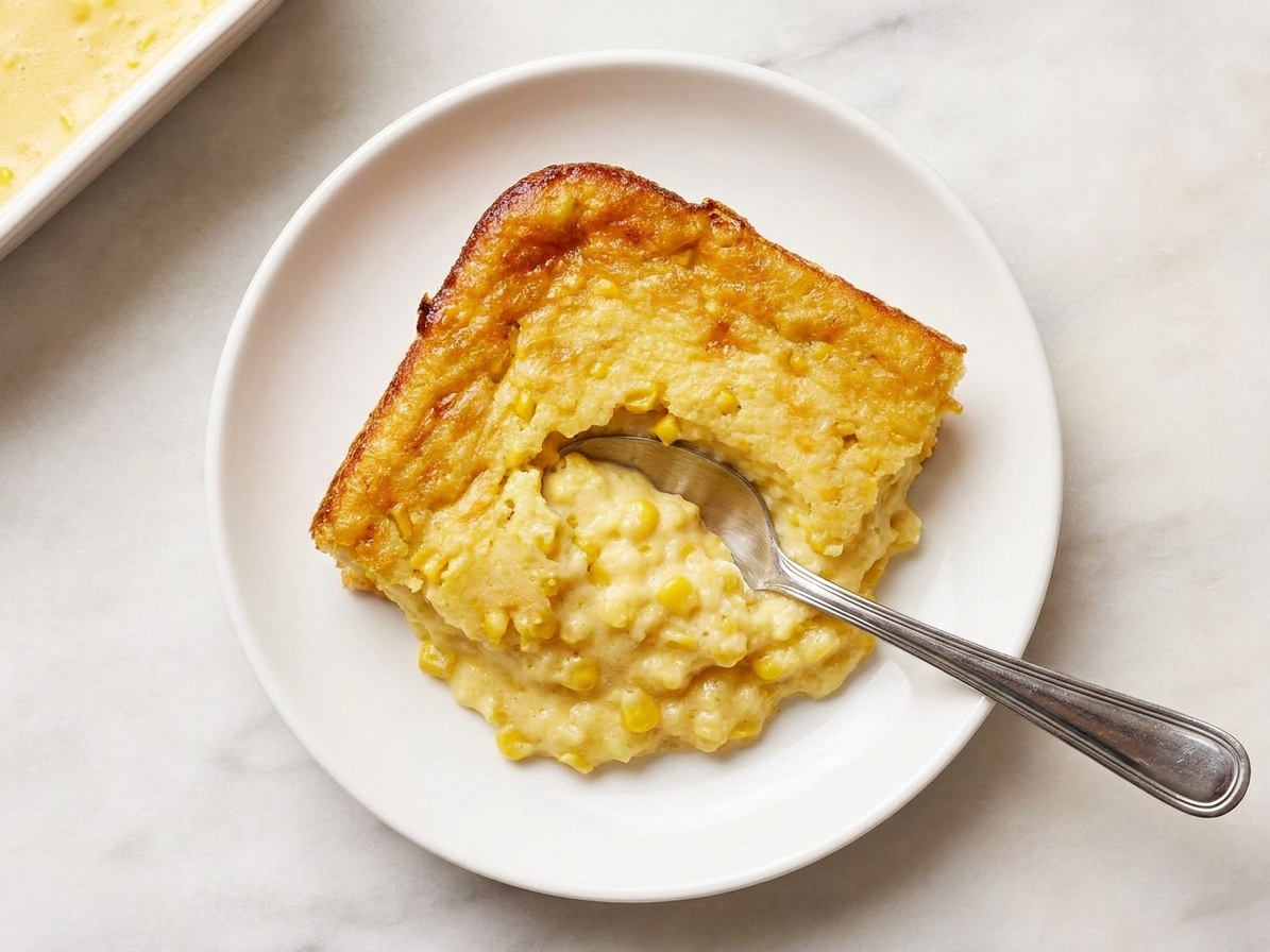 A serving of corn pudding on a small plate with a spoon, showing a creamy interior and golden browned top