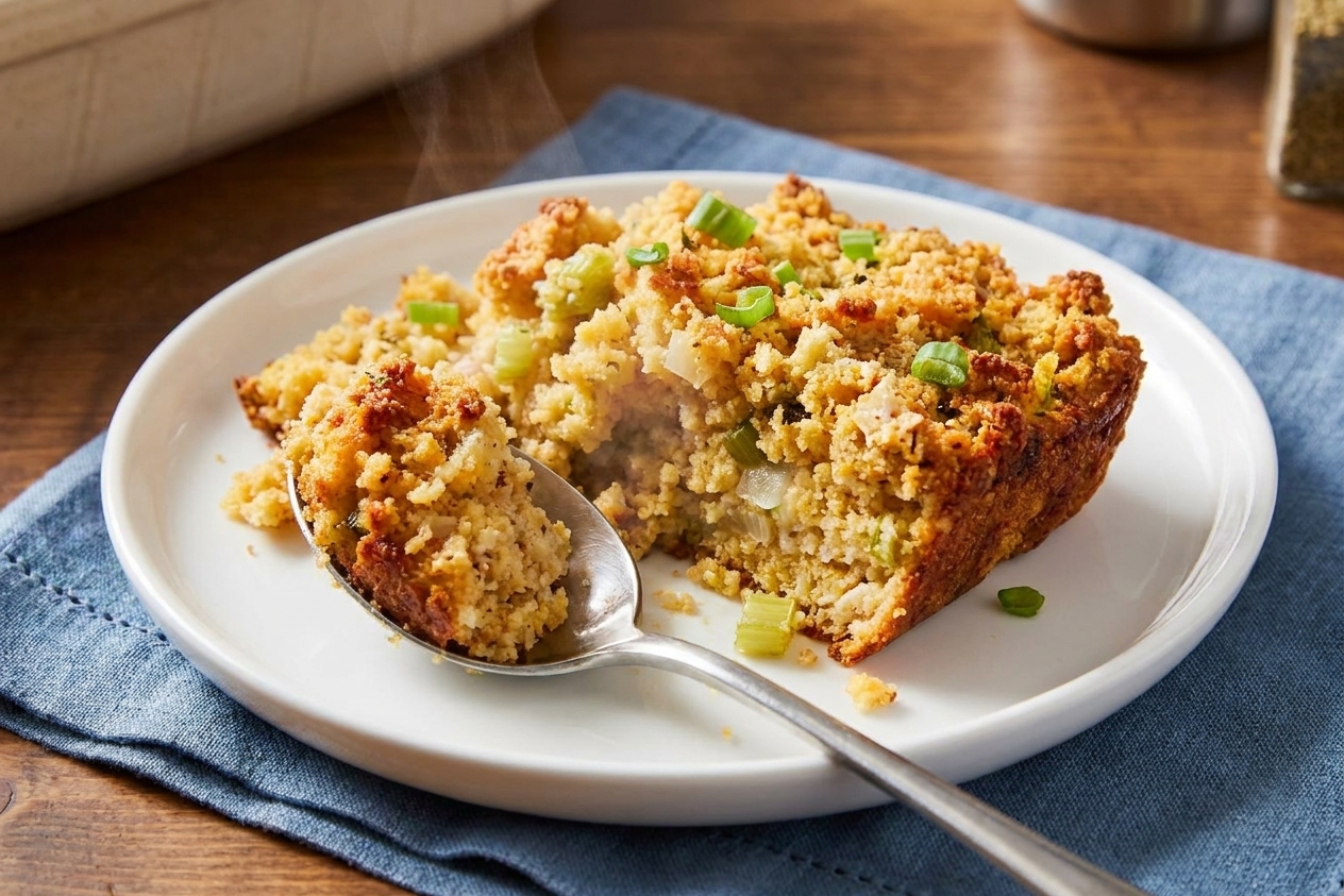 A serving of cornbread dressing on a plate with a spoon, showing a moist center and crisp browned edge