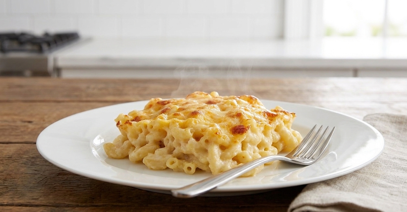 A serving of creamy baked mac and cheese on a plate with a fork beside it on a dinner table