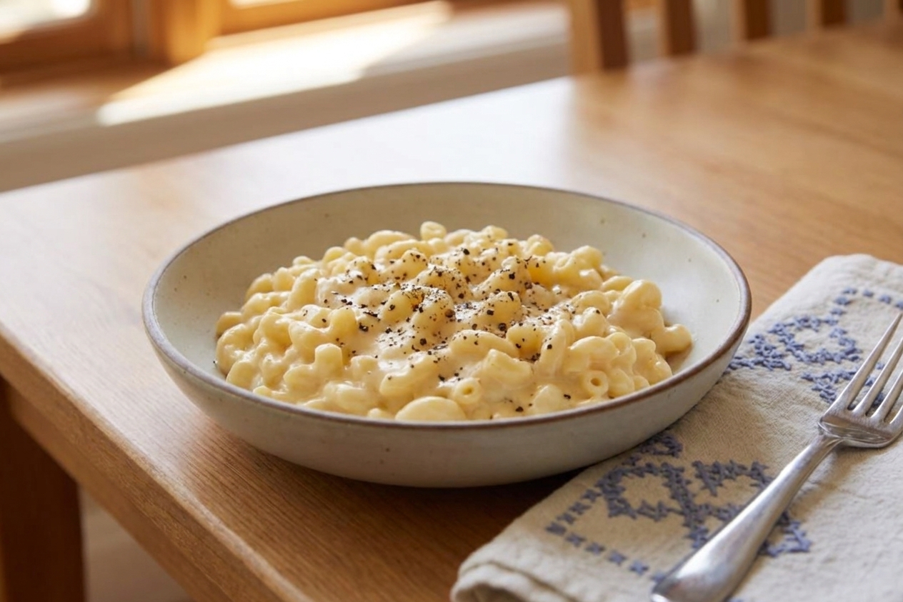 A serving of creamy macaroni and cheese in a shallow bowl with black pepper on top, set on a simple dinner table with a cloth napkin