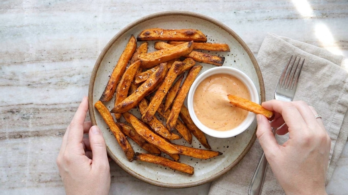 A serving of crispy sweet potato fries on a plate with a small bowl of creamy dipping sauce on a simple table setting