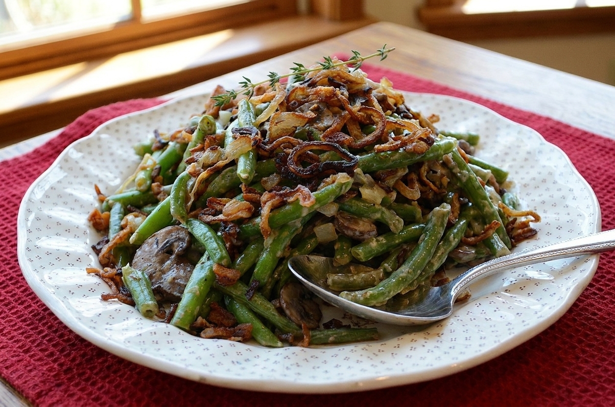 A serving of fresh green bean casserole on a plate with creamy mushroom sauce and crispy fried onions on top
