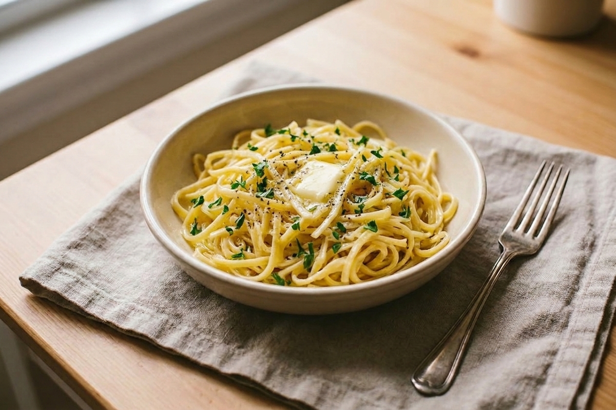 A serving of homemade egg noodles on a plate with melted butter, cracked black pepper, and a sprinkle of parsley on a simple dinner table