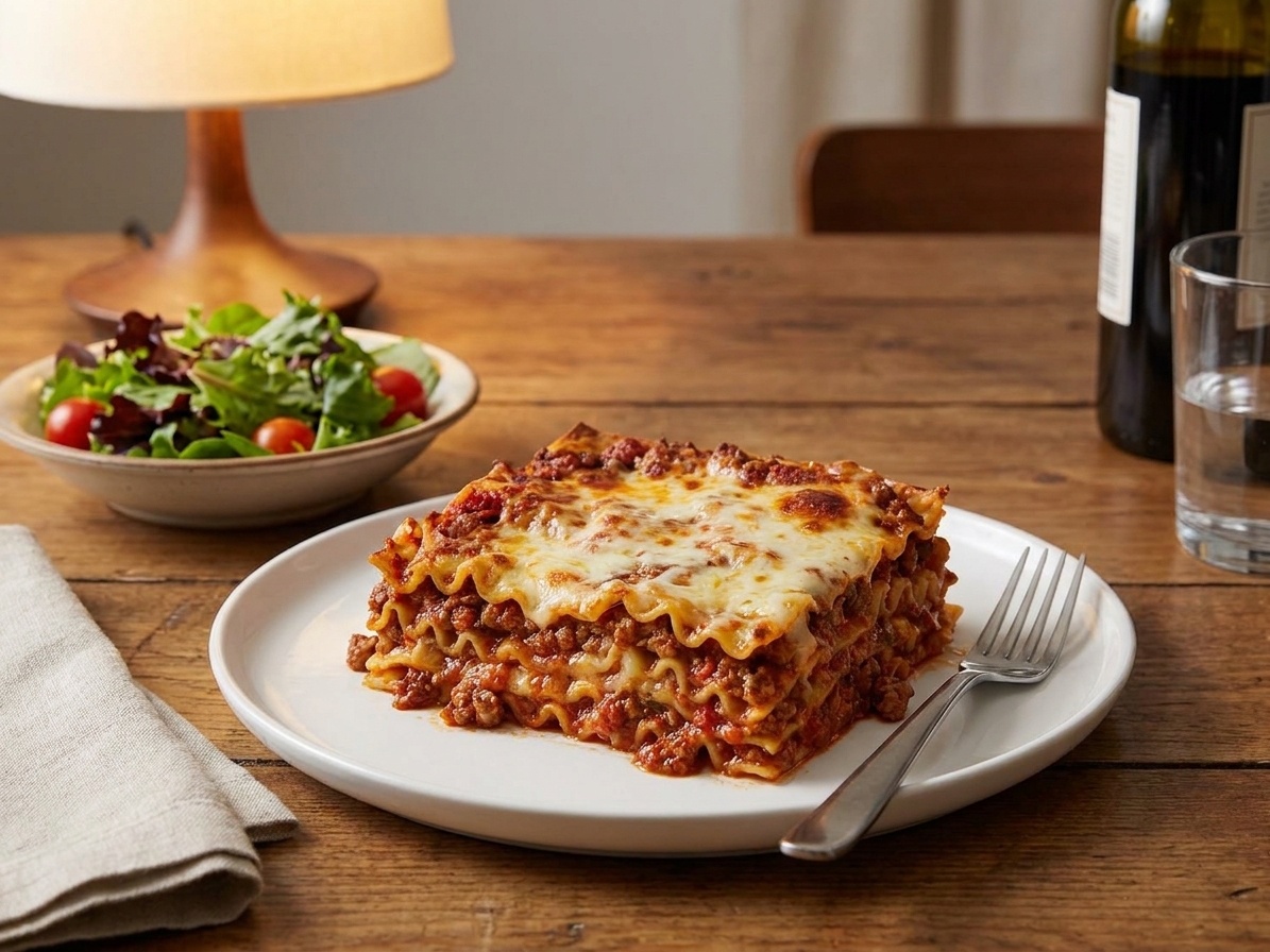 A serving of lasagna on a plate with a fork, set on a family-style dinner table with a simple salad and warm table lighting