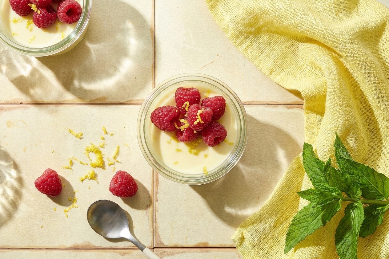 A serving of lemon posset in a small glass cup topped with fresh raspberries and lemon zest on a simple table setting