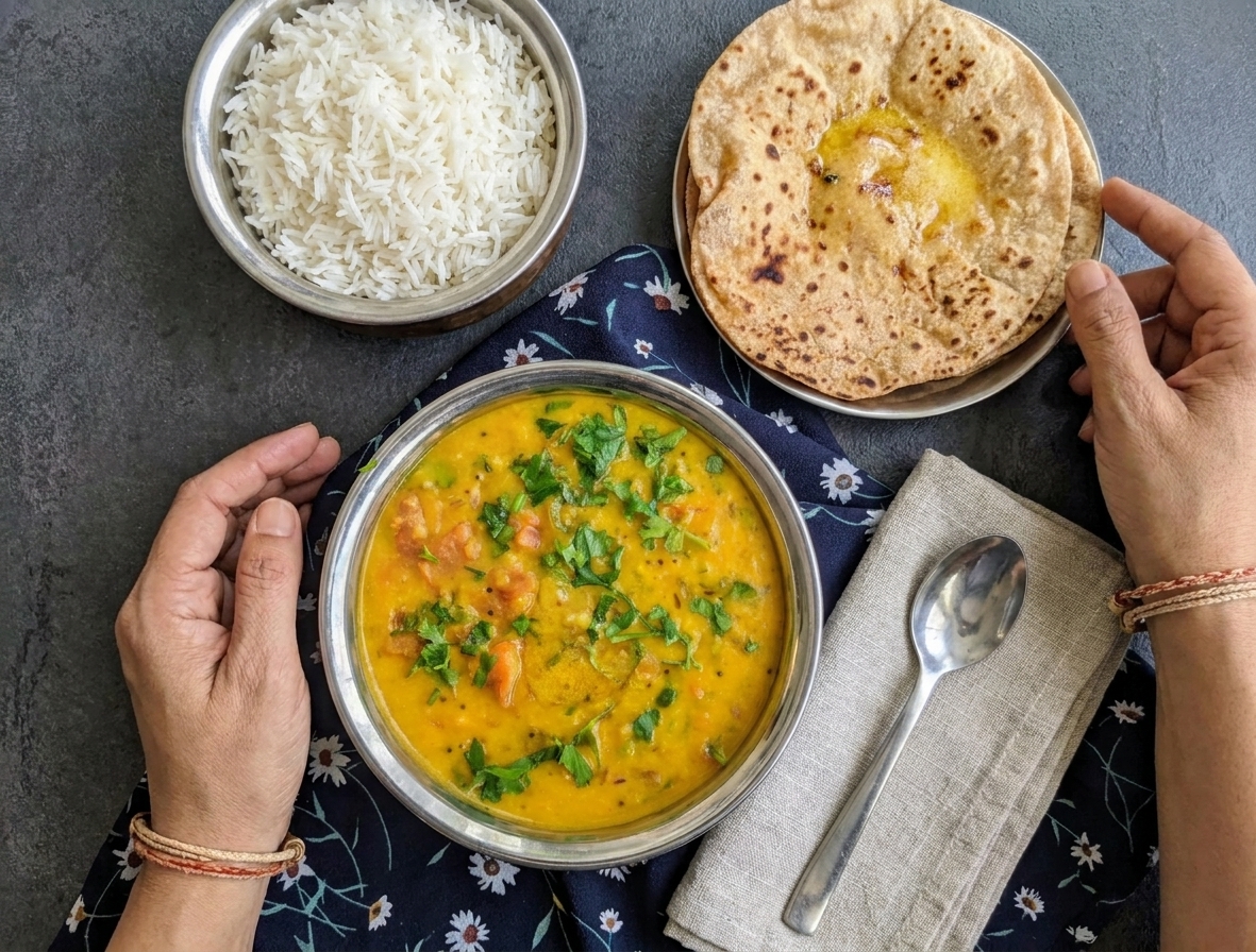 A serving of moong dal tadka in a bowl with basmati rice, roti, and a simple table setting with a napkin and spoon nearby